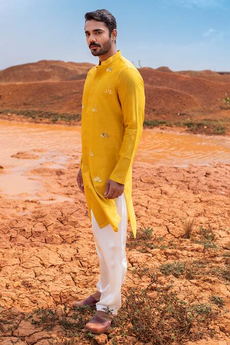 Runit Gupta_Yellow Kurta Chanderi Silk Hand Embroidered Metallic Trims And Regal Lotus Set _Online_at_Aza_Fashions