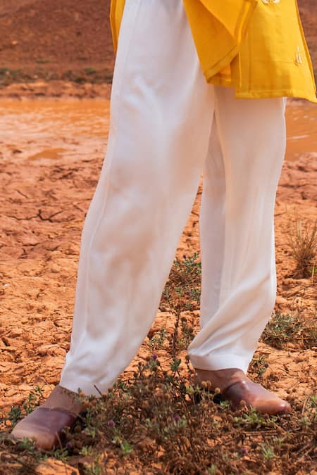 Shop_Runit Gupta_Yellow Kurta Chanderi Silk Hand Embroidered Metallic Trims And Regal Lotus Set _Online_at_Aza_Fashions