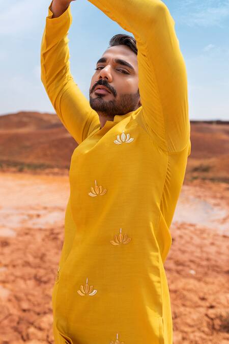 Runit Gupta_Yellow Kurta Chanderi Silk Hand Embroidered Metallic Trims And Regal Lotus Set _at_Aza_Fashions