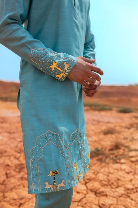 Runit Gupta_Blue Kurta Chanderi Silk Hand Embroidered Metallic Trims And Royal Reign Set _Online_at_Aza_Fashions