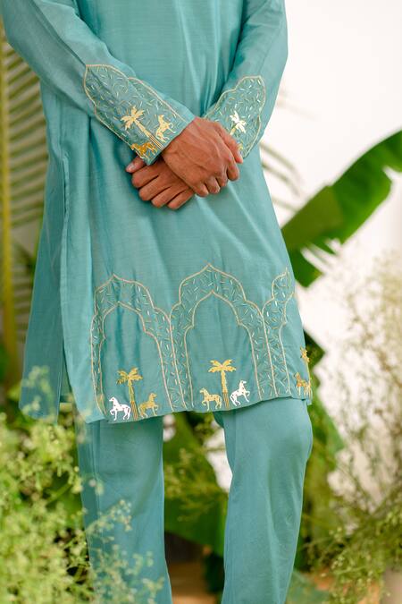 Buy_Runit Gupta_Blue Kurta Chanderi Silk Hand Embroidered Metallic Trims And Royal Reign Set _Online_at_Aza_Fashions