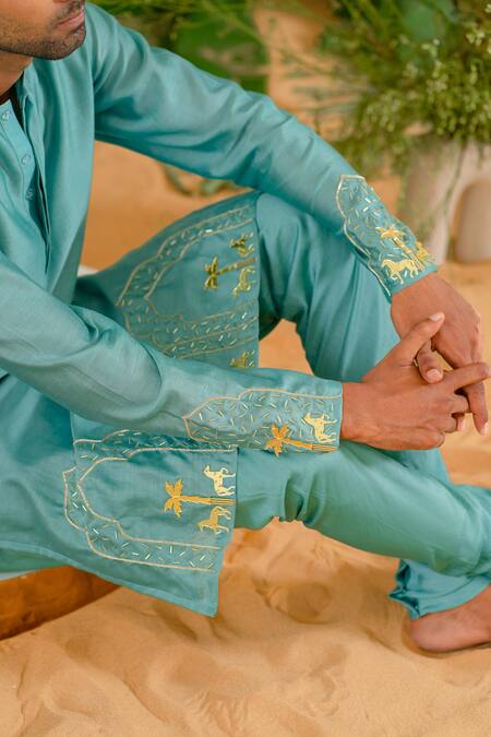 Shop_Runit Gupta_Blue Kurta Chanderi Silk Hand Embroidered Metallic Trims And Royal Reign Set _Online_at_Aza_Fashions