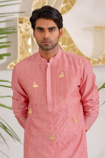 Shop_Runit Gupta_Pink Kurta Chanderi Silk Hand Embroidered Metallic Trims And Zari Flamingo Set _at_Aza_Fashions