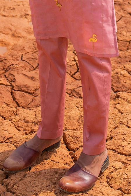 Runit Gupta_Pink Kurta Chanderi Silk Hand Embroidered Metallic Trims And Zari Flamingo Set _Online_at_Aza_Fashions