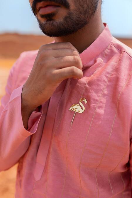 Buy_Runit Gupta_Pink Kurta Chanderi Silk Hand Embroidered Metallic Trims And Zari Flamingo Set _Online_at_Aza_Fashions
