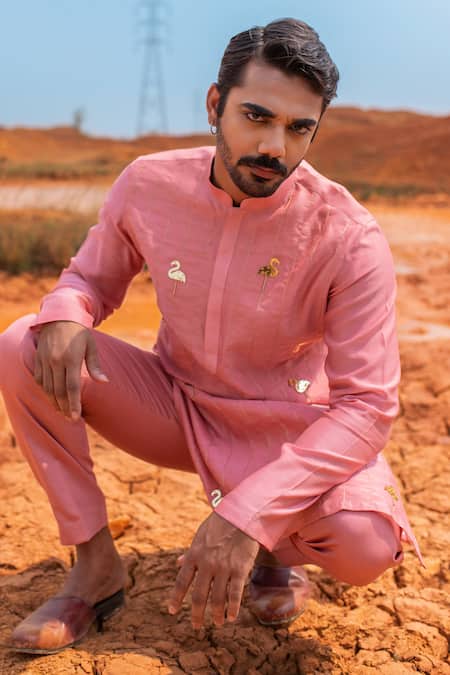 Shop_Runit Gupta_Pink Kurta Chanderi Silk Hand Embroidered Metallic Trims And Zari Flamingo Set _Online_at_Aza_Fashions