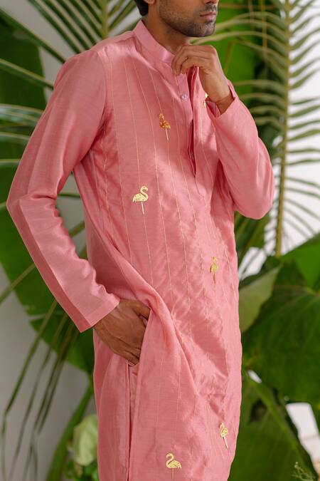 Runit Gupta_Pink Kurta Chanderi Silk Hand Embroidered Metallic Trims And Zari Flamingo Set _at_Aza_Fashions