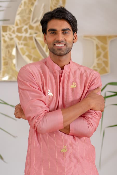 Buy_Runit Gupta_Pink Kurta Chanderi Silk Hand Embroidered Metallic Trims And Zari Flamingo Set 