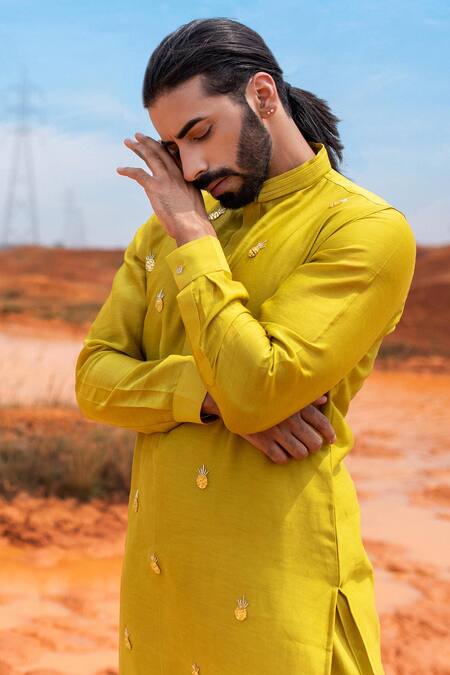 Shop_Runit Gupta_Green Kurta Chanderi Silk Hand Embroidered Metallic Trims And Cut Tropic Set _Online_at_Aza_Fashions