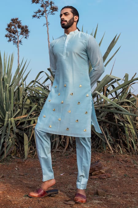 Runit Gupta Blue Kurta Chanderi Silk Hand Embroidered Metallic Trims Work Aura Set