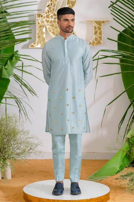 Shop_Runit Gupta_Blue Kurta Chanderi Silk Hand Embroidered Metallic Trims Work Aura Set _at_Aza_Fashions