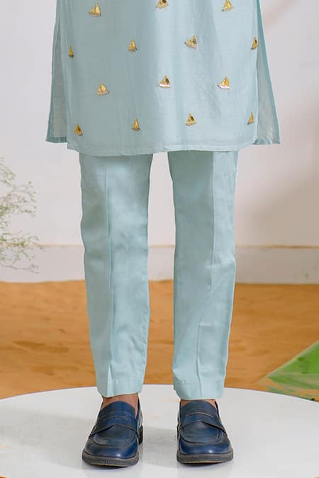 Runit Gupta_Blue Kurta Chanderi Silk Hand Embroidered Metallic Trims Work Aura Set _Online_at_Aza_Fashions