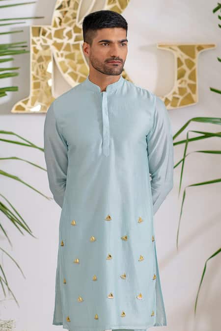 Buy_Runit Gupta_Blue Kurta Chanderi Silk Hand Embroidered Metallic Trims Work Aura Set _Online_at_Aza_Fashions