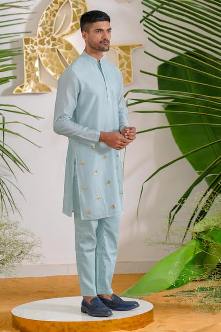 Shop_Runit Gupta_Blue Kurta Chanderi Silk Hand Embroidered Metallic Trims Work Aura Set _Online_at_Aza_Fashions