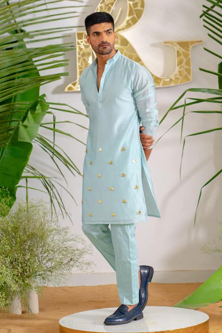 Runit Gupta_Blue Kurta Chanderi Silk Hand Embroidered Metallic Trims Work Aura Set _at_Aza_Fashions