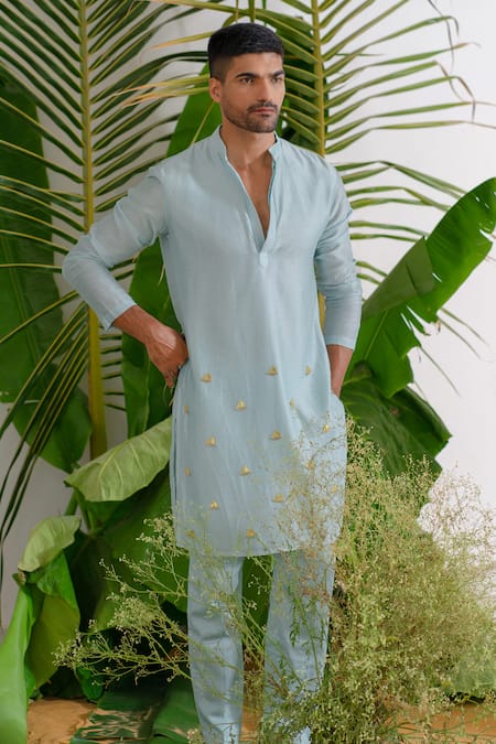 Buy_Runit Gupta_Blue Kurta Chanderi Silk Hand Embroidered Metallic Trims Work Aura Set 