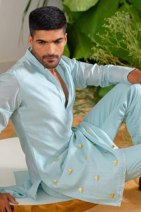 Shop_Runit Gupta_Blue Kurta Chanderi Silk Hand Embroidered Metallic Trims Work Aura Set 