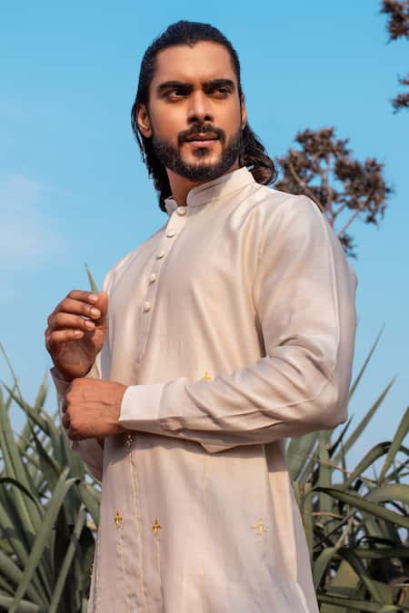 Buy_Runit Gupta_Ivory Kurta Chanderi Silk Hand Embroidered Metallic Trims And Zari Aero Set _Online_at_Aza_Fashions