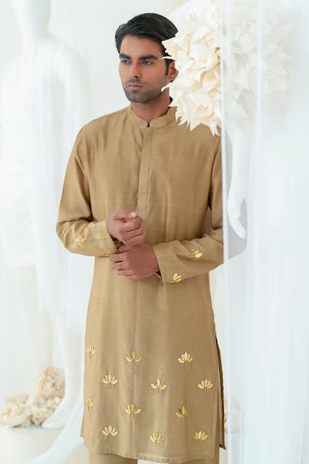 Shop_Runit Gupta_Gold Kurta Chanderi Silk Hand Embroidered Metallic Trims Work Lotus Bliss Set _at_Aza_Fashions