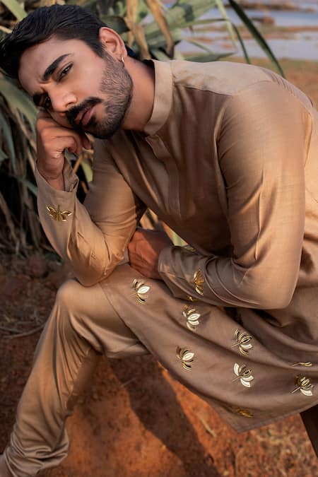Buy_Runit Gupta_Gold Kurta Chanderi Silk Hand Embroidered Metallic Trims Work Lotus Bliss Set _Online_at_Aza_Fashions