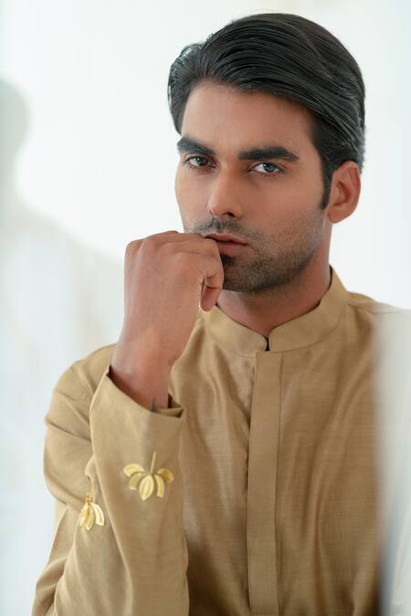 Runit Gupta_Gold Kurta Chanderi Silk Hand Embroidered Metallic Trims Work Lotus Bliss Set _at_Aza_Fashions