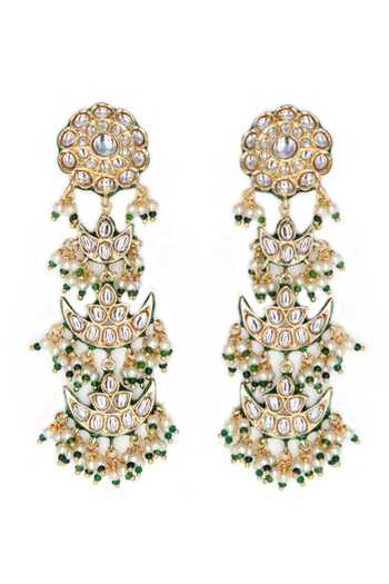 Shop Tad Accessories Green Diamonds, Pearls Half Moon Drop Earrings at Aza Fashions Shop_Tad Accessories_Green Diamonds, Pearls Half Moon Drop Earrings _at_Aza_Fashions
