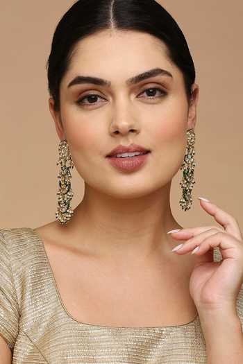 Tad Accessories Green Diamonds, Pearls Half Moon Drop Earrings Online at Aza Fashions Tad Accessories_Green Diamonds, Pearls Half Moon Drop Earrings _Online_at_Aza_Fashions