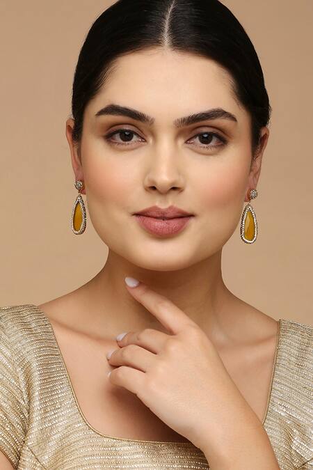 Tad Accessories_Yellow Stones Embellished Drop Earrings _Online_at_Aza_Fashions