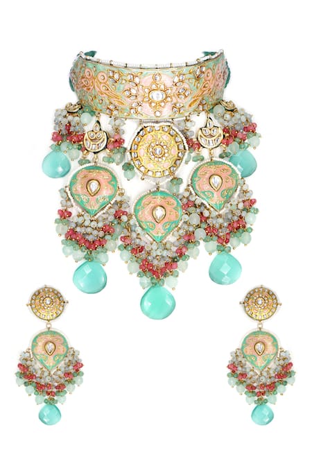 Shop Tad Accessories Multi Color Diamonds, Stones Kundan Embellished Choker Necklace Set at Aza Fashions Shop_Tad Accessories_Multi Color Diamonds, Stones Kundan Embellished Choker Necklace Set _at_Aza_Fashions