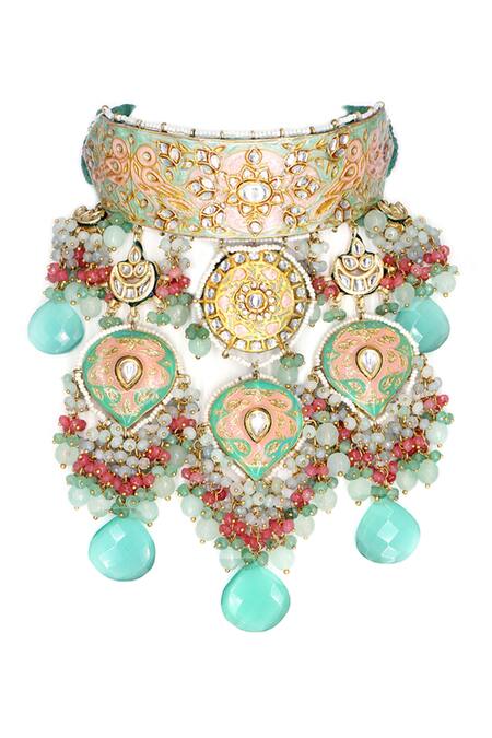 Shop Tad Accessories Multi Color Diamonds, Stones Kundan Embellished Choker Necklace Set Online at Aza Fashions Shop_Tad Accessories_Multi Color Diamonds, Stones Kundan Embellished Choker Necklace Set _Online_at_Aza_Fashions