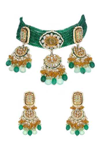 Shop Tad Accessories Green Diamonds, Stones Multi Layered Embellished Choker Set at Aza Fashions Shop_Tad Accessories_Green Diamonds, Stones Multi Layered Embellished Choker Set _at_Aza_Fashions