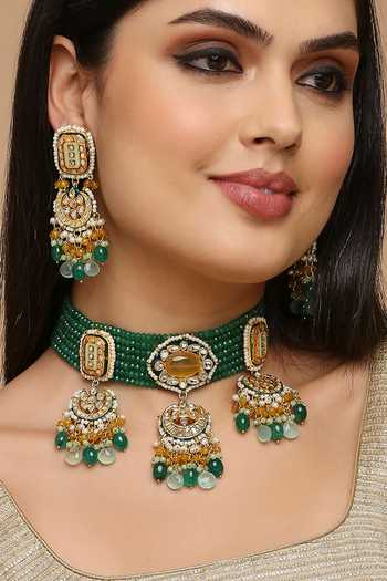 Tad Accessories Green Diamonds, Stones Multi Layered Embellished Choker Set Online at Aza Fashions Tad Accessories_Green Diamonds, Stones Multi Layered Embellished Choker Set _Online_at_Aza_Fashions