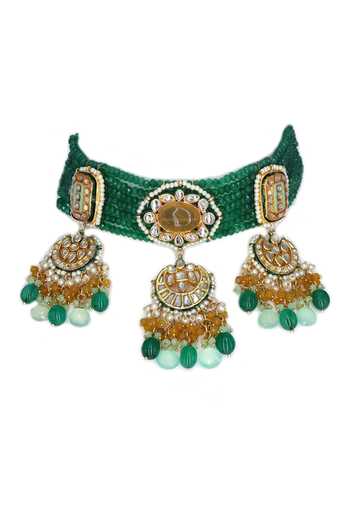Shop Tad Accessories Green Diamonds, Stones Multi Layered Embellished Choker Set Online at Aza Fashions Shop_Tad Accessories_Green Diamonds, Stones Multi Layered Embellished Choker Set _Online_at_Aza_Fashions