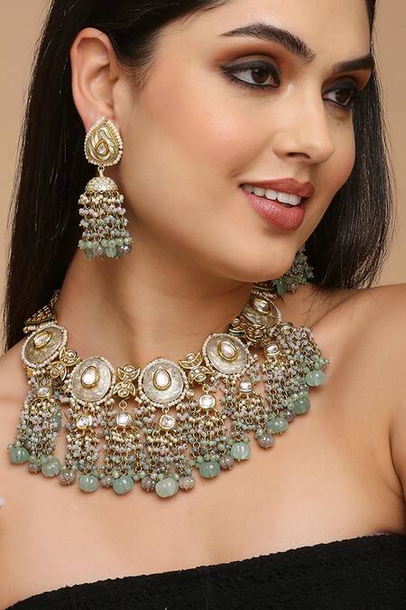 Tad Accessories_Blue Beads, Stones Tassel Drop Embellished Choker Set _Online_at_Aza_Fashions