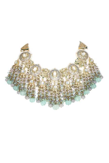 Shop_Tad Accessories_Blue Beads, Stones Tassel Drop Embellished Choker Set _Online_at_Aza_Fashions