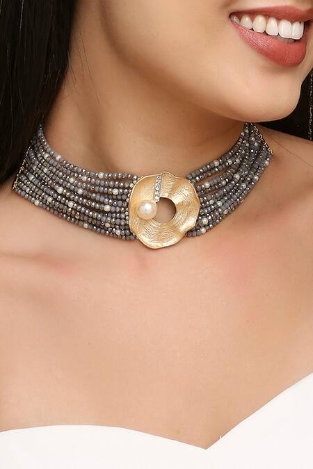 Tad Accessories Grey Abstract Brooch Choker Online at Aza Fashions Tad Accessories_Grey Abstract Brooch Choker _Online_at_Aza_Fashions
