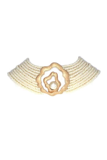 Shop Tad Accessories White Abstract Brooch Pearl Choker at Aza Fashions Shop_Tad Accessories_White Abstract Brooch Pearl Choker _at_Aza_Fashions