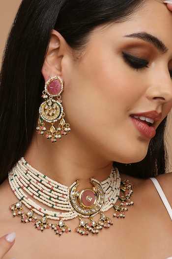 Tad Accessories_Pink Diamonds, Stones Crescent Moon Cutwork Necklace Set_Online_at_Aza_Fashions