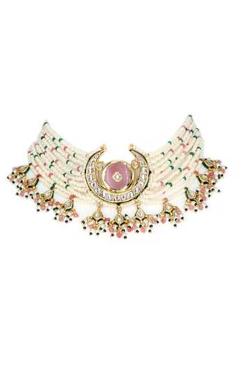 Buy_Tad Accessories_Pink Diamonds, Stones Crescent Moon Cutwork Necklace Set_Online_at_Aza_Fashions