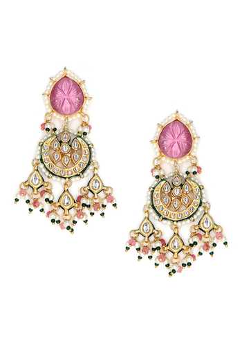 Shop_Tad Accessories_Pink Diamonds, Stones Crescent Moon Cutwork Necklace Set_Online_at_Aza_Fashions