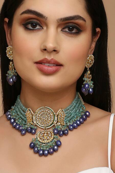 Tad Accessories_Blue Diamonds, Stones Sphere Embellished Necklace Set _Online_at_Aza_Fashions