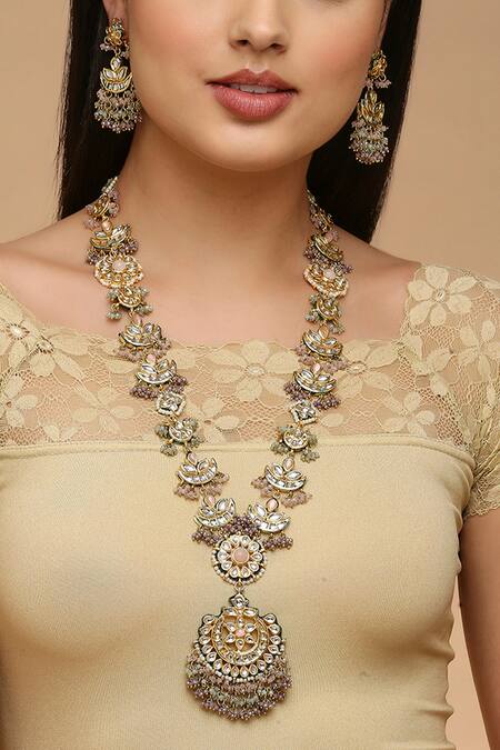 Tad Accessories_Multi Color Stones Flower Cutwork Necklace Set _Online_at_Aza_Fashions