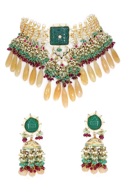 Shop Tad Accessories Green Beads, Stones Semi Precious Embellished Choker Set at Aza Fashions Shop_Tad Accessories_Green Beads, Stones Semi Precious Embellished Choker Set _at_Aza_Fashions