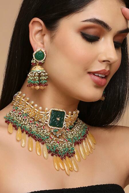 Tad Accessories Green Beads, Stones Semi Precious Embellished Choker Set Online at Aza Fashions Tad Accessories_Green Beads, Stones Semi Precious Embellished Choker Set _Online_at_Aza_Fashions