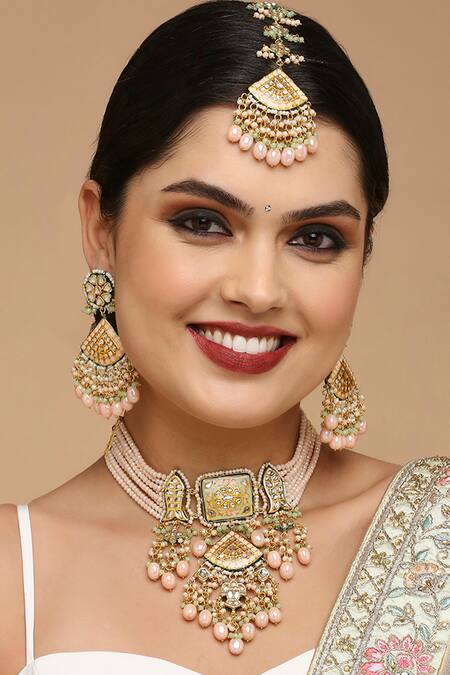 Tad Accessories_Pink Stones, Diamonds Semi Precious Embellished Jewellery Set _Online_at_Aza_Fashions