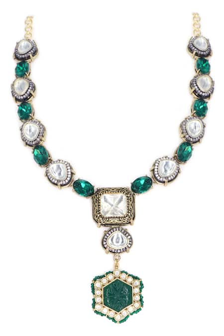 Shop_Tad Accessories_Green Smocking, Crystals Swarovski Embellished Necklace Set _Online_at_Aza_Fashions