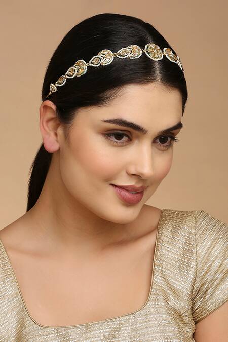 Tad Accessories White Floral Cut Work Embellished Mathapatti Online at Aza Fashions Tad Accessories_White Floral Cut Work Embellished Mathapatti _Online_at_Aza_Fashions