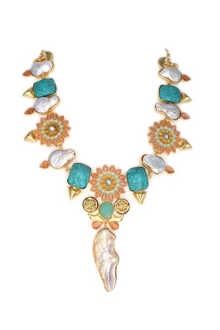 Shop Tad Accessories White Cut Work Embellished Pendant Necklace at Aza Fashions Shop_Tad Accessories_White Cut Work Embellished Pendant Necklace _at_Aza_Fashions