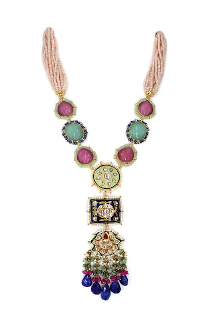 Shop Tad Accessories Multi Color Cut Work Embellished Pendant Necklace at Aza Fashions Shop_Tad Accessories_Multi Color Cut Work Embellished Pendant Necklace _at_Aza_Fashions