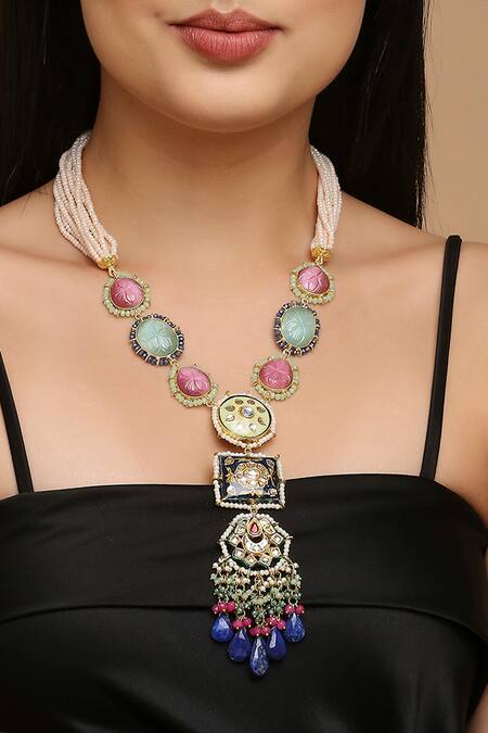 Tad Accessories Multi Color Cut Work Embellished Pendant Necklace Online at Aza Fashions Tad Accessories_Multi Color Cut Work Embellished Pendant Necklace _Online_at_Aza_Fashions